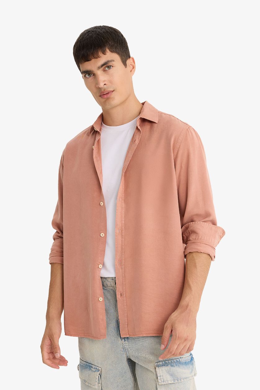 رجال وردي قميص قماش ايوسل قصة عادية