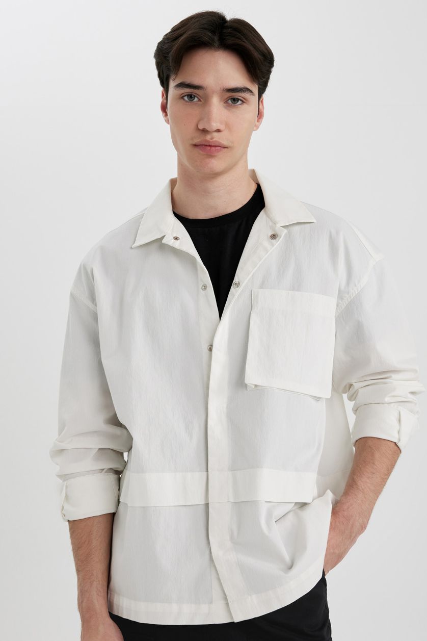 Man Ecru Oversize Pocket Long Sleeve Shirt