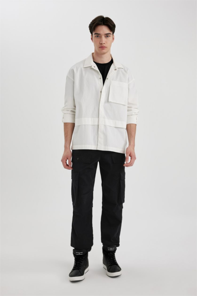 Man Ecru Oversize Pocket Long Sleeve Shirt