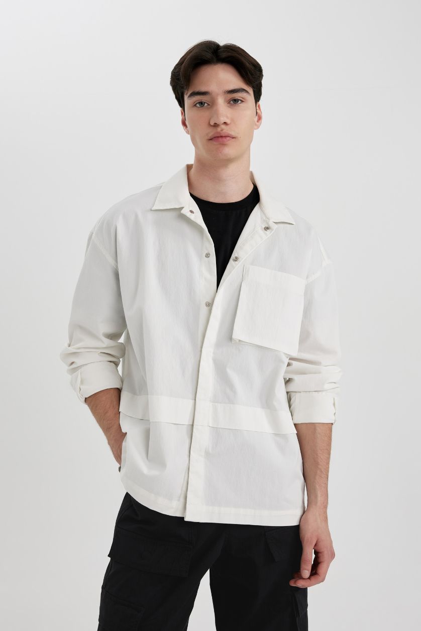 Man Ecru Oversize Pocket Long Sleeve Shirt