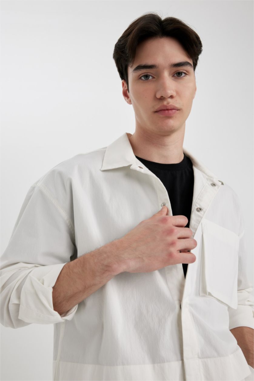 Man Ecru Oversize Pocket Long Sleeve Shirt