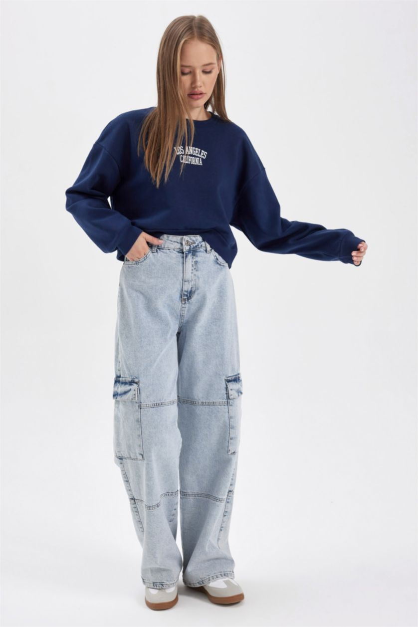 Жіночий Синій Oversize Fit Thick Sweatshirt Fabric Sweatshirt