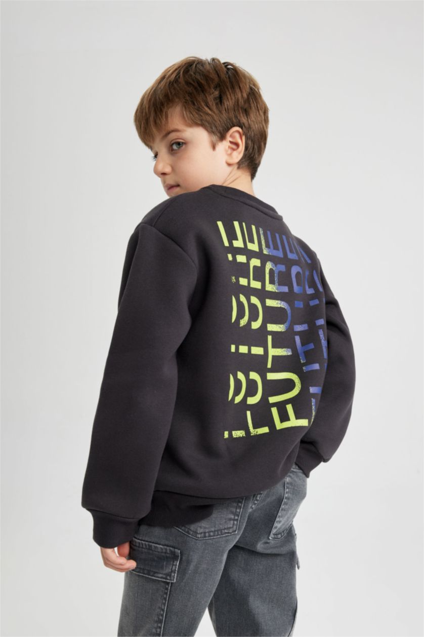 BOYS & TEENS Dark Anthracite Boy Crew Neck Printed Thick Sweatshirt