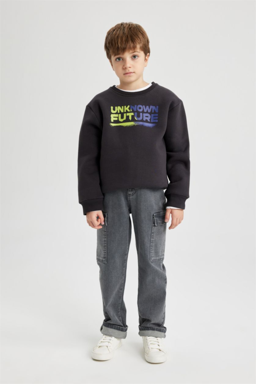 BOYS & TEENS Dark Anthracite Boy Crew Neck Printed Thick Sweatshirt