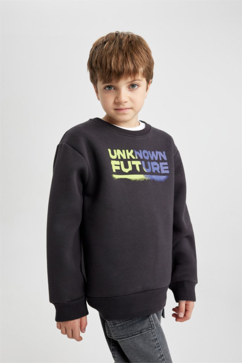 BOYS & TEENS Dark Anthracite Boy Crew Neck Printed Thick Sweatshirt