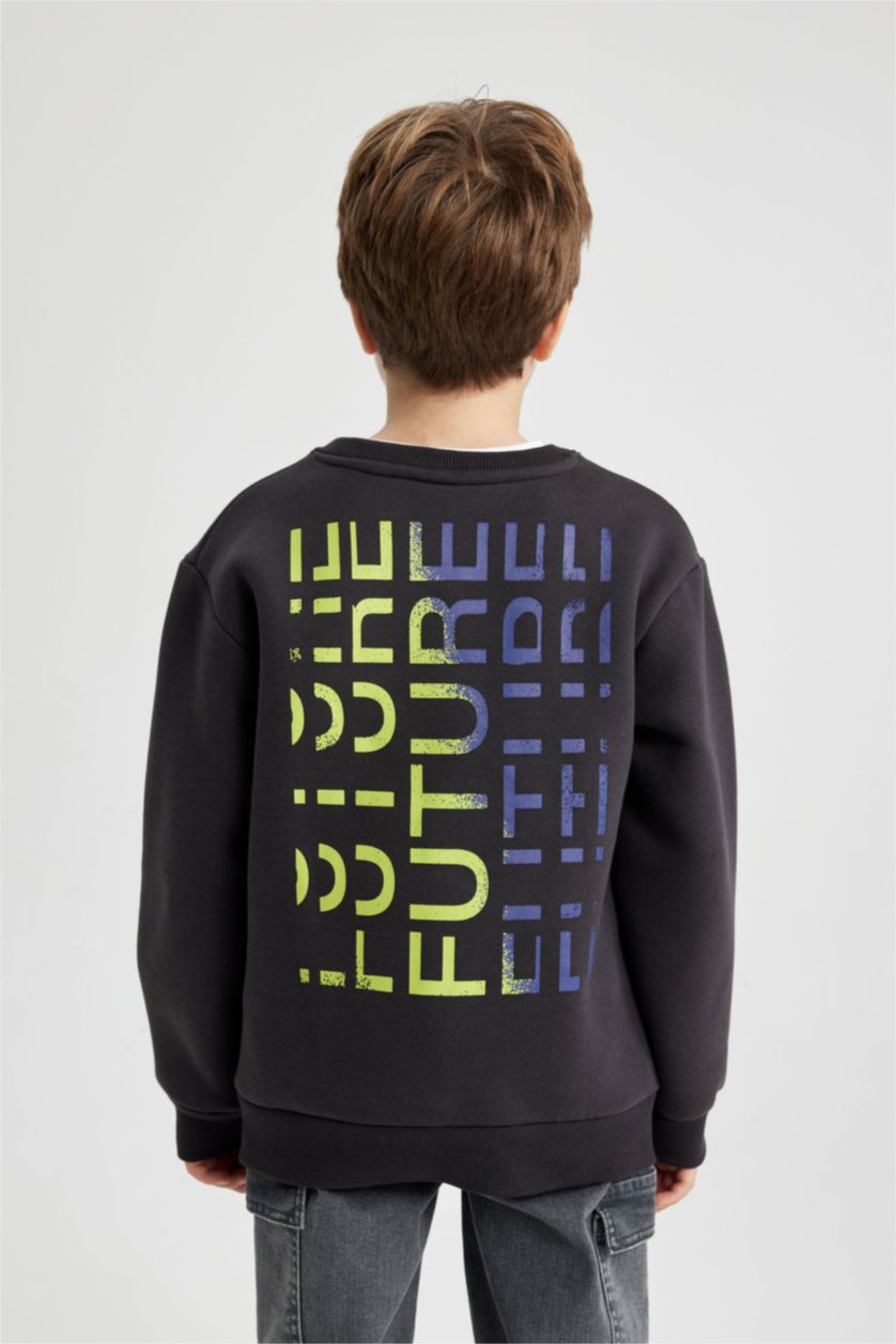 BOYS & TEENS Dark Anthracite Boy Crew Neck Printed Thick Sweatshirt