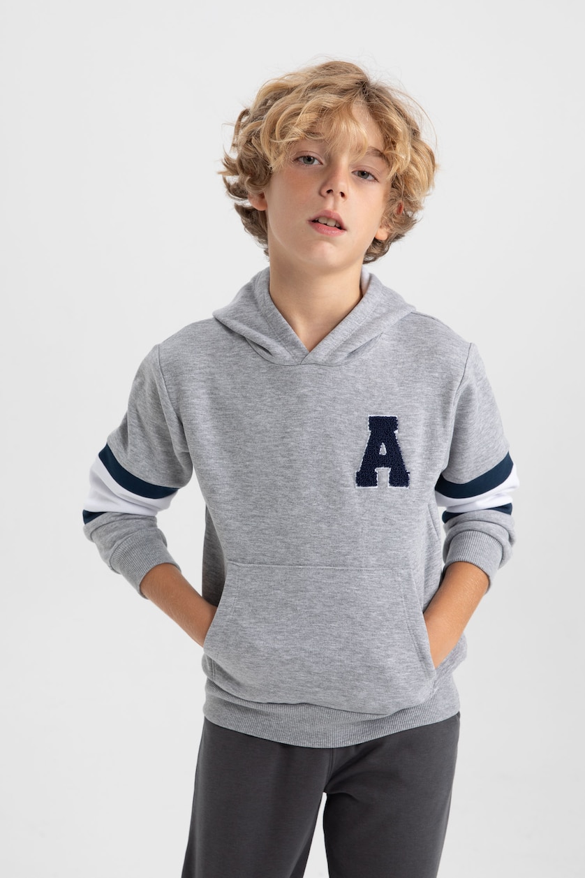 Erkek Çocuk - Genç Erkek Gri Melanj Erkek Çocuk Kapüşonlu Kalın Sweatshirt