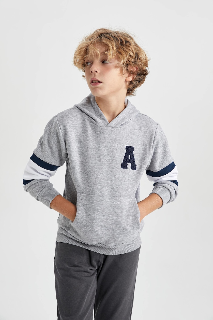 Erkek Çocuk - Genç Erkek Gri Melanj Erkek Çocuk Kapüşonlu Kalın Sweatshirt