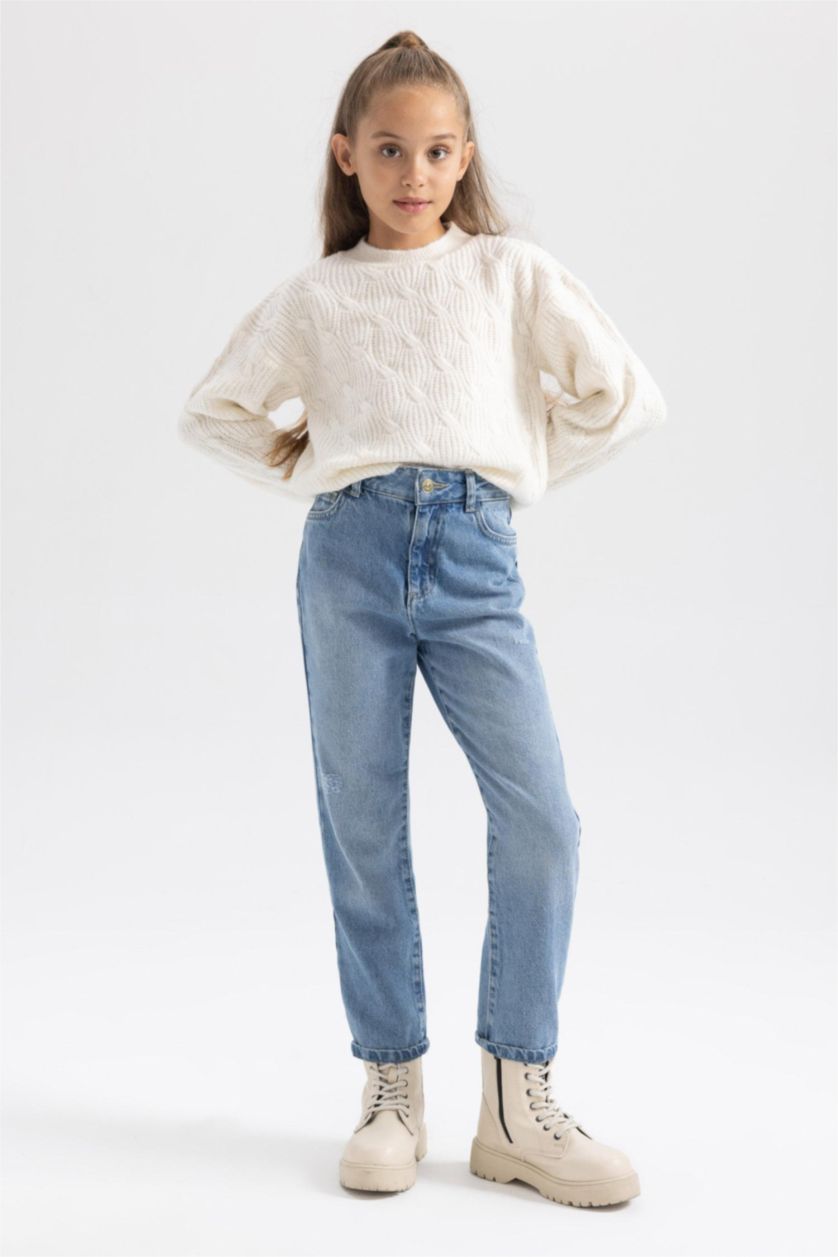 Девочки и подростки Бежевый Свитер стандартного кроя с круглым вырезом для девочек