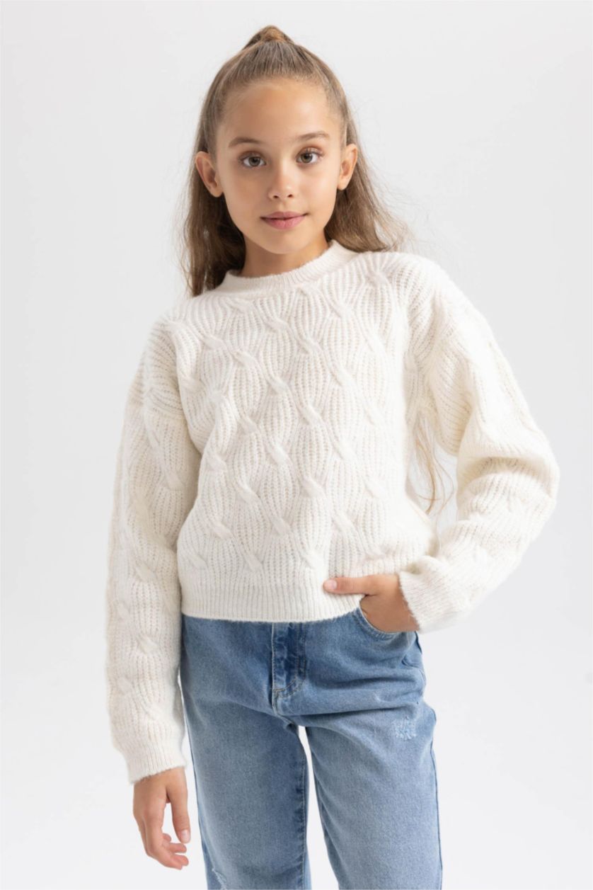 Девочки и подростки Бежевый Свитер стандартного кроя с круглым вырезом для девочек