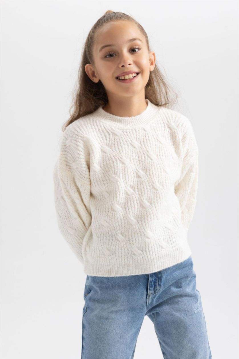 Девочки и подростки Бежевый Свитер стандартного кроя с круглым вырезом для девочек