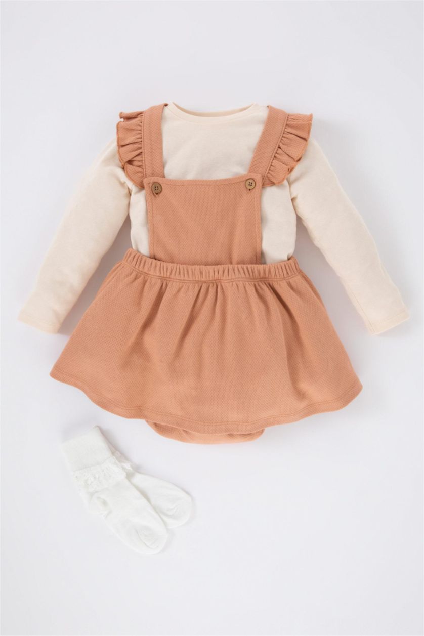 BABY GIRL Light Brown Baby Girl T-Shirt Salopet Dress Pantyhose 3 Piece Set