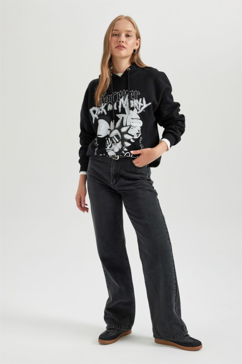 Жіночий Чорний Світшот оверсайз з капюшоном Rick and Morty з принтом з товстої тканини для жінок