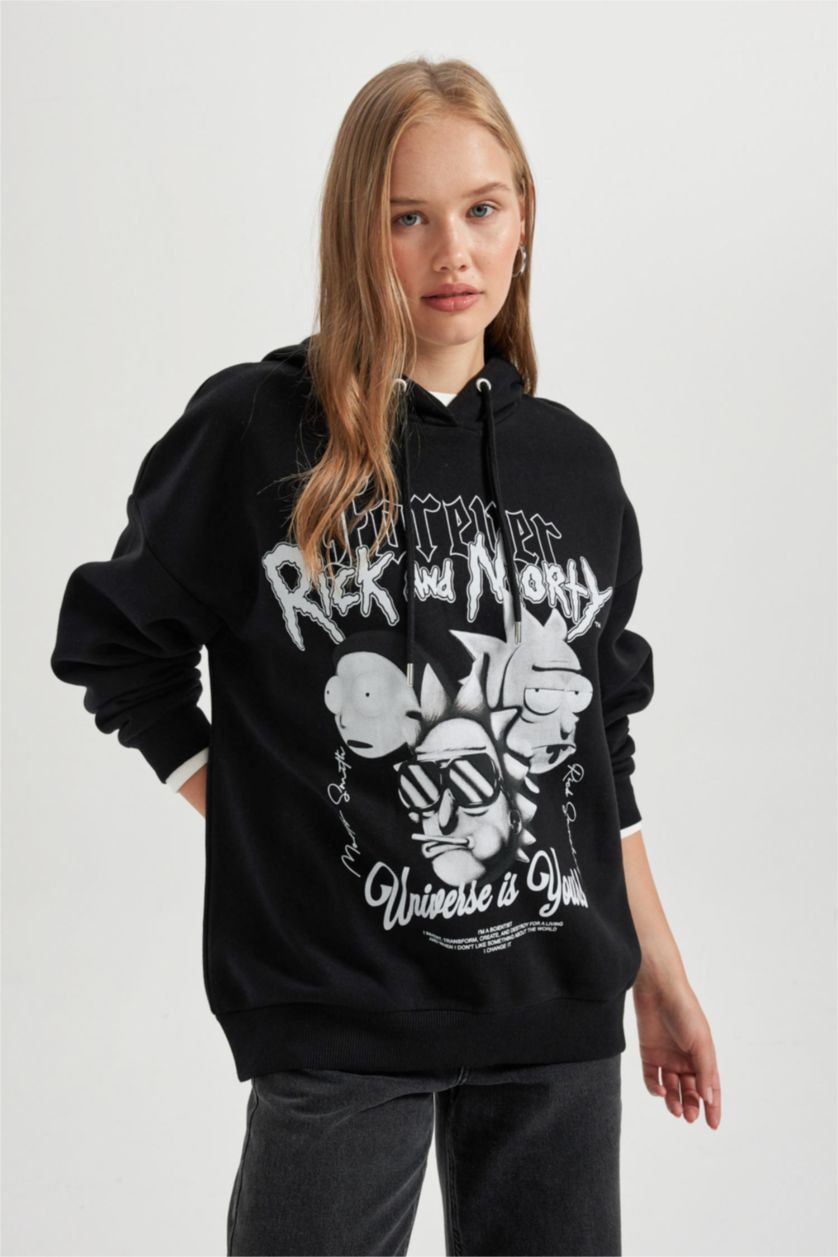 Жіночий Чорний Світшот оверсайз з капюшоном Rick and Morty з принтом з товстої тканини для жінок