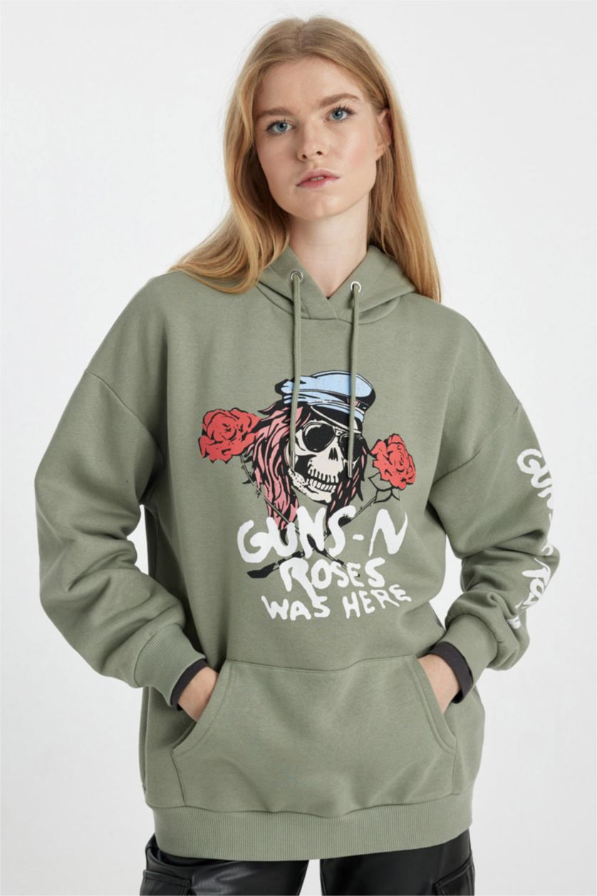Kadın Yeşil Guns N' Roses Oversize Geniş Kalıp Kapüşonlu Kanguru Cepli Kalın Sweatshirt
