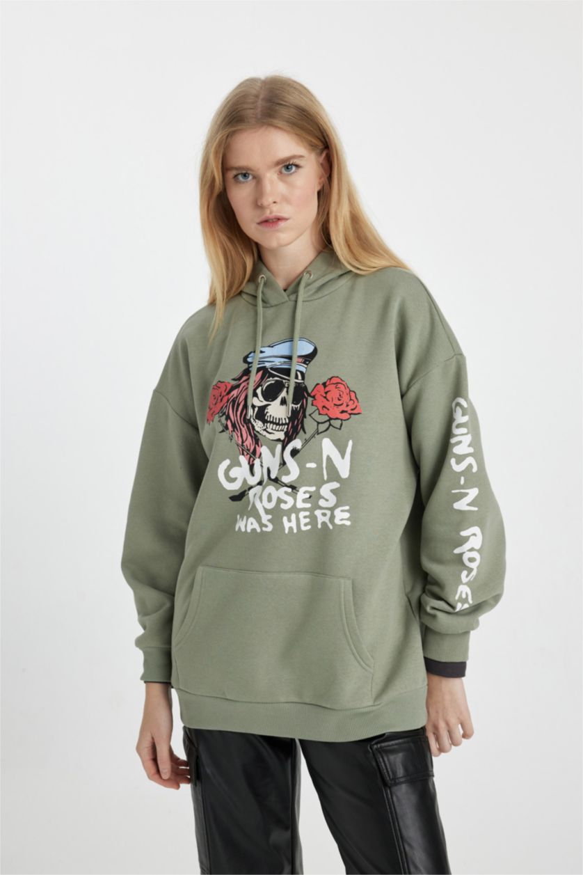 Kadın Yeşil Guns N' Roses Oversize Geniş Kalıp Kapüşonlu Kanguru Cepli Kalın Sweatshirt