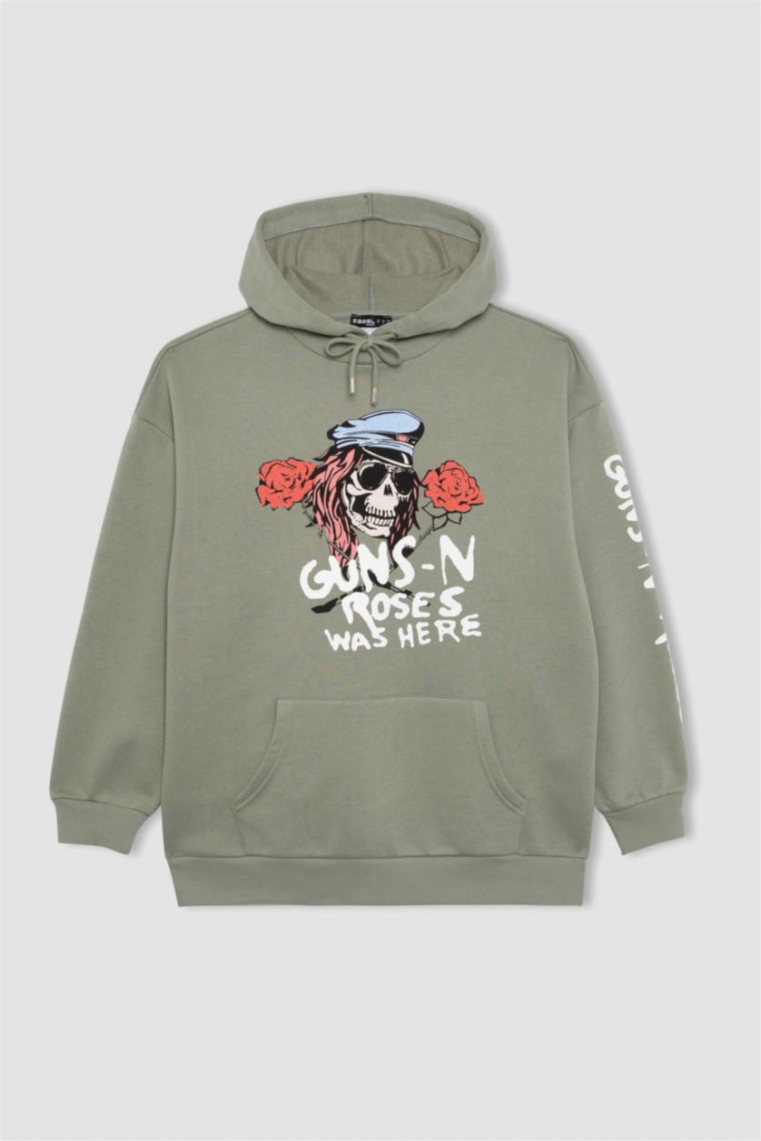 Kadın Yeşil Guns N' Roses Oversize Geniş Kalıp Kapüşonlu Kanguru Cepli Kalın Sweatshirt