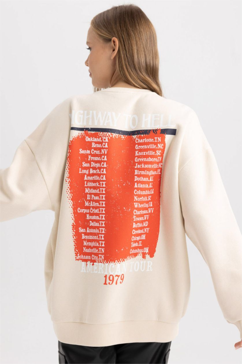 Kadın Açık Taş Coool AC/DC Oversize Geniş Kalıp Bisiklet Yaka Sırt Baskılı Kalın Sweatshirt