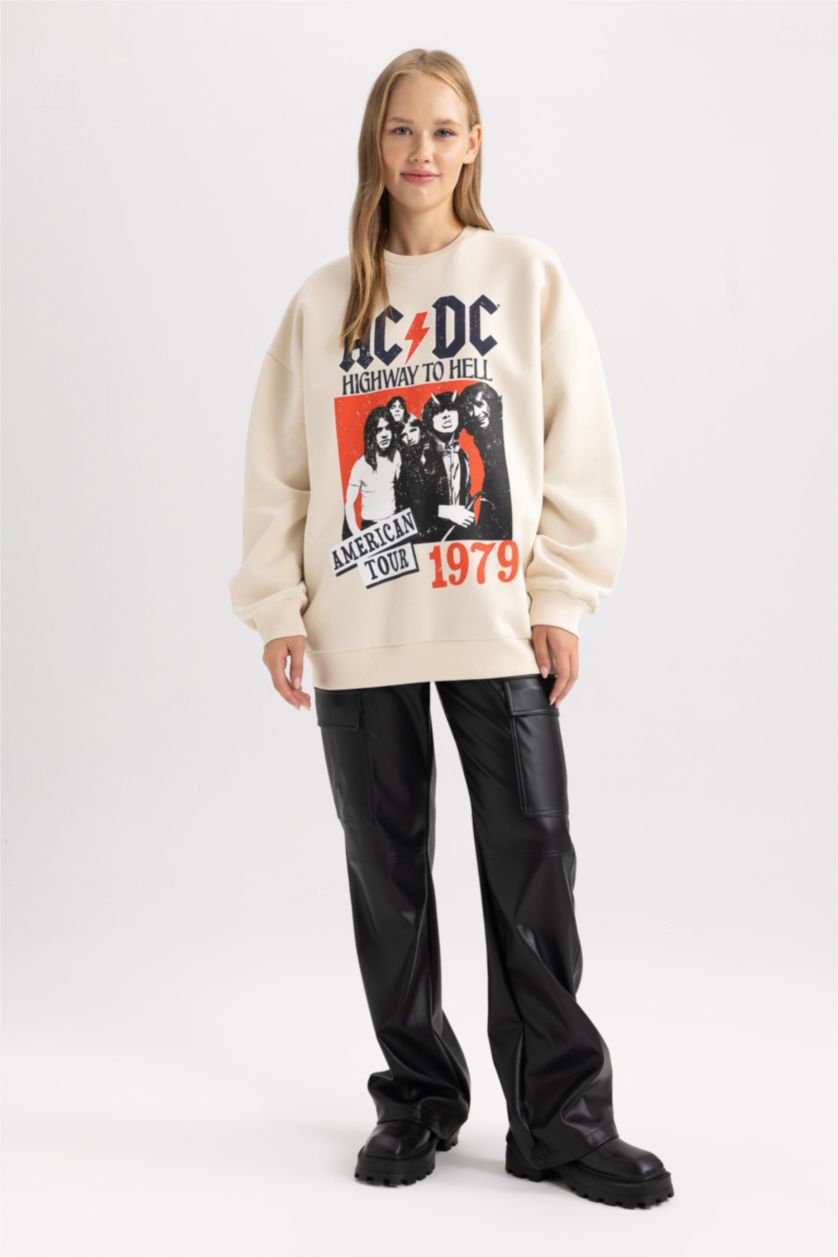 Kadın Açık Taş Coool AC/DC Oversize Geniş Kalıp Bisiklet Yaka Sırt Baskılı Kalın Sweatshirt