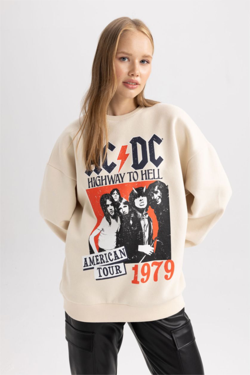 Kadın Açık Taş Coool AC/DC Oversize Geniş Kalıp Bisiklet Yaka Sırt Baskılı Kalın Sweatshirt