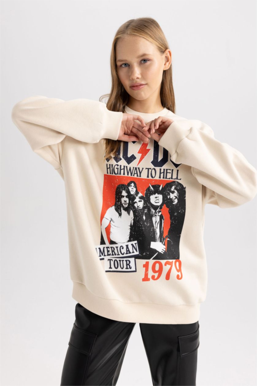 Kadın Açık Taş Coool AC/DC Oversize Geniş Kalıp Bisiklet Yaka Sırt Baskılı Kalın Sweatshirt