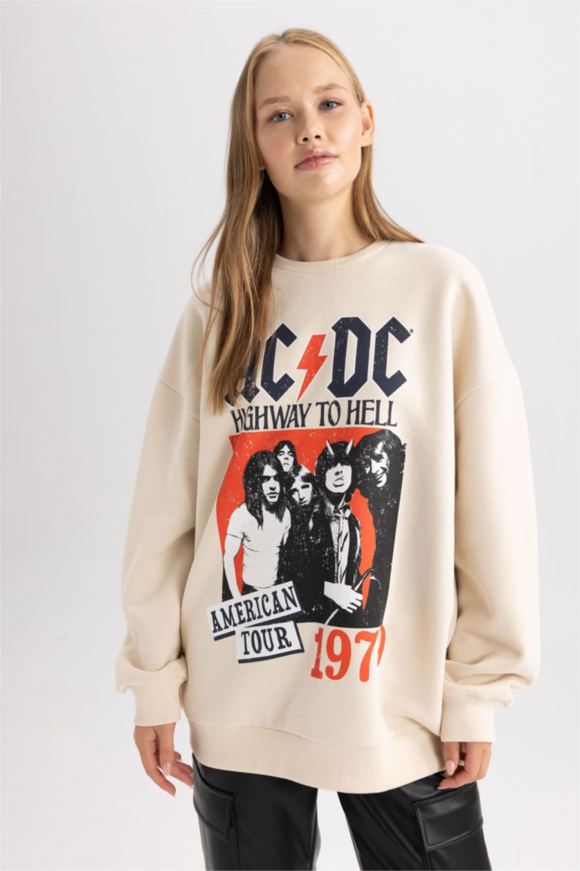 Kadın Açık Taş Coool AC/DC Oversize Geniş Kalıp Bisiklet Yaka Sırt Baskılı Kalın Sweatshirt