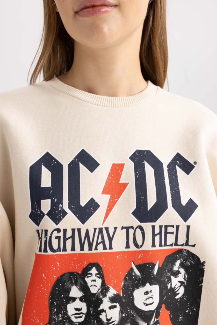 Kadın Açık Taş Coool AC/DC Oversize Geniş Kalıp Bisiklet Yaka Sırt Baskılı Kalın Sweatshirt