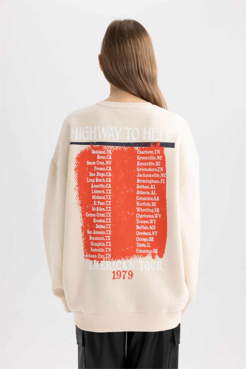 Kadın Açık Taş Coool AC/DC Oversize Geniş Kalıp Bisiklet Yaka Sırt Baskılı Kalın Sweatshirt