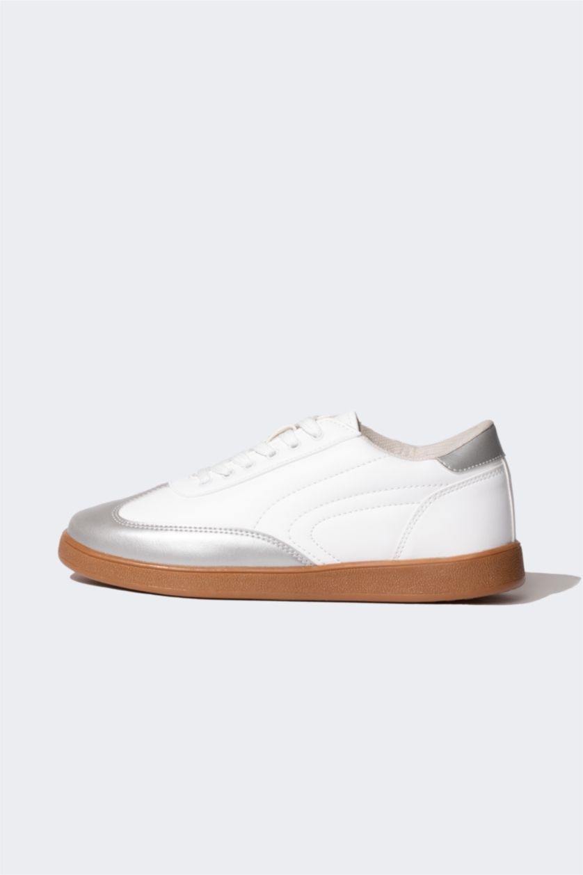 Kadın Gri Melanj Kadın Düz Taban Bağcıklı Suni Deri Sneaker