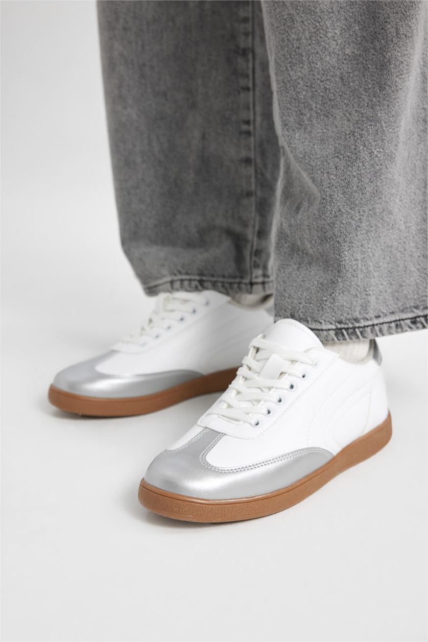 Kadın Gri Melanj Kadın Düz Taban Bağcıklı Suni Deri Sneaker