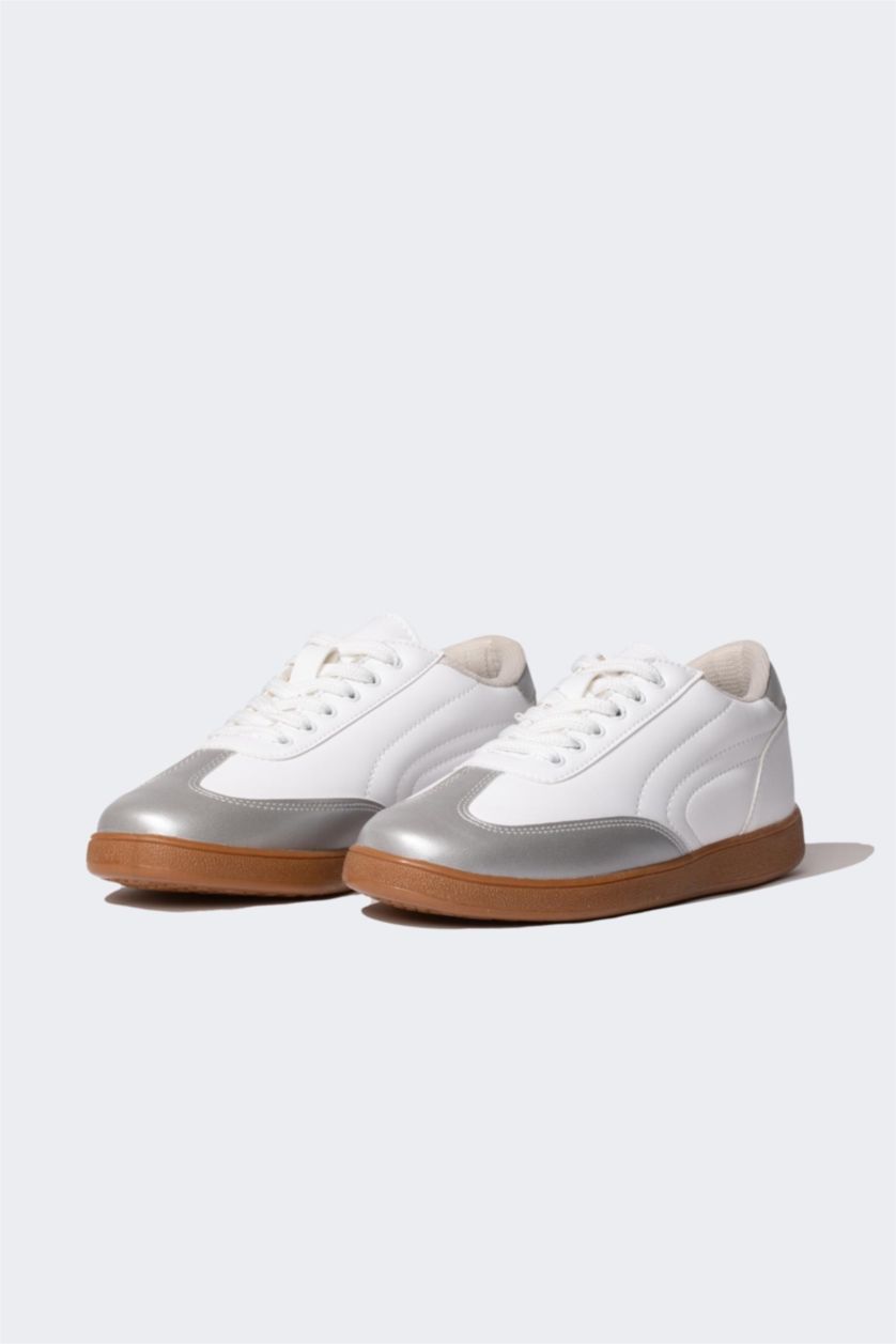 Kadın Gri Melanj Kadın Düz Taban Bağcıklı Suni Deri Sneaker