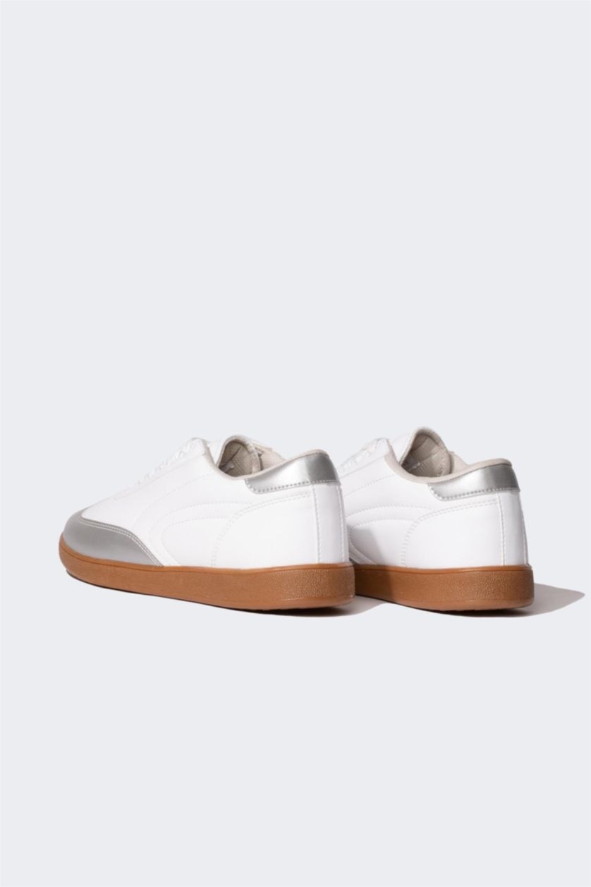Kadın Gri Melanj Kadın Düz Taban Bağcıklı Suni Deri Sneaker