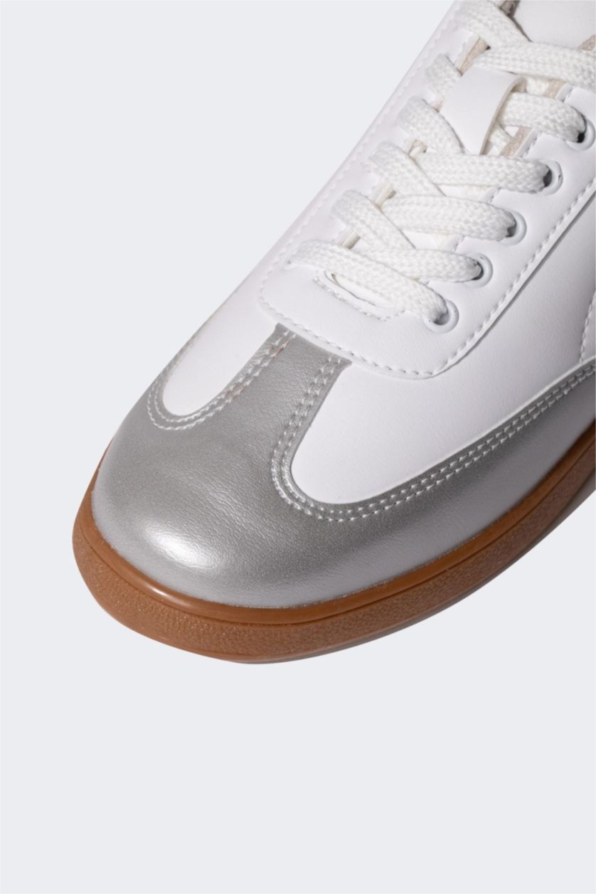 Kadın Gri Melanj Kadın Düz Taban Bağcıklı Suni Deri Sneaker
