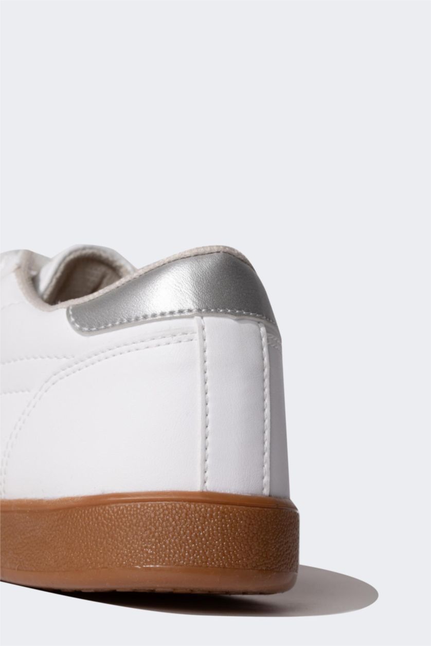 Kadın Gri Melanj Kadın Düz Taban Bağcıklı Suni Deri Sneaker