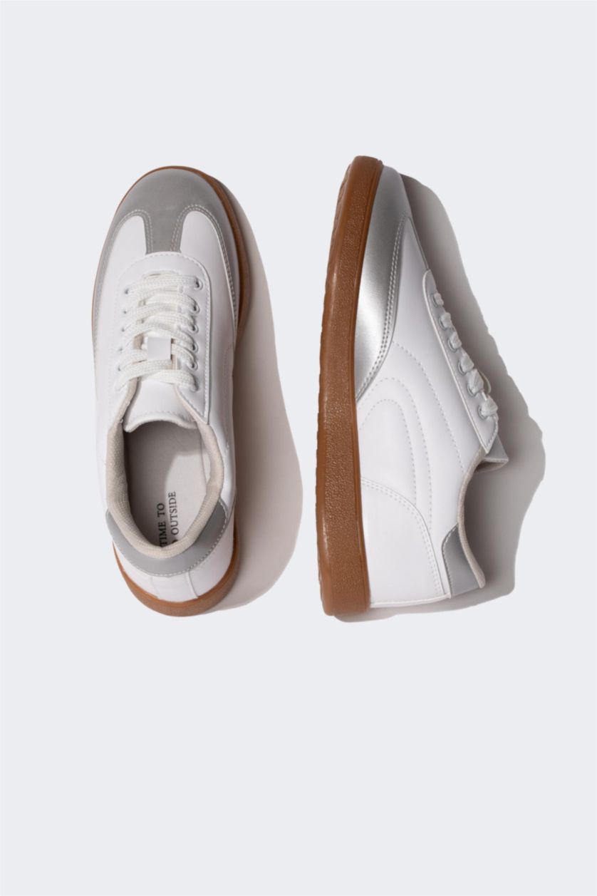 Kadın Gri Melanj Kadın Düz Taban Bağcıklı Suni Deri Sneaker