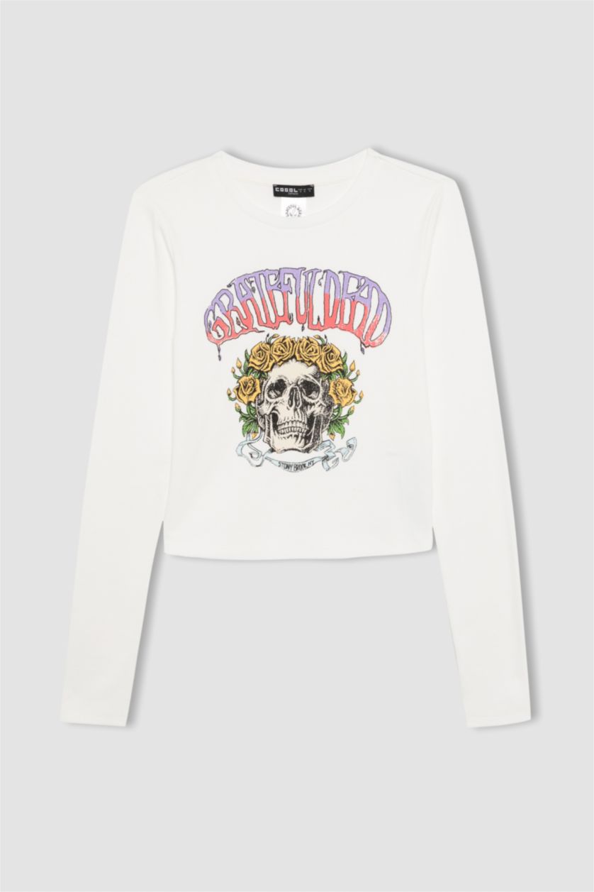 Kadın Kırık Beyaz Attack on Titan Fitted Bisiklet Yaka Fitilli Kaşkorse Uzun Kollu Tişört