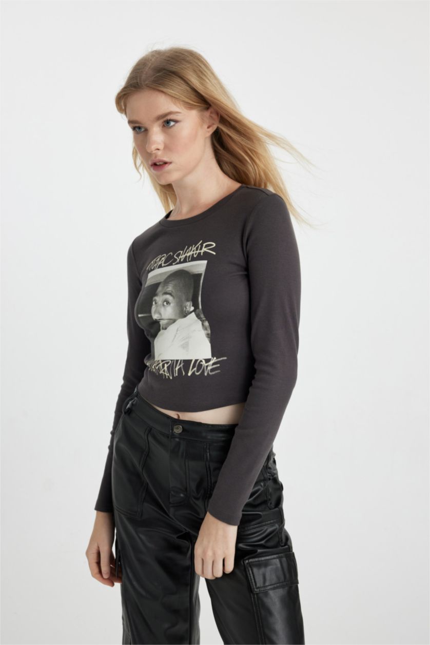 WOMAN Anthracite Tupac Shakur Fitted Crew Neck Ribbed T-Shirt