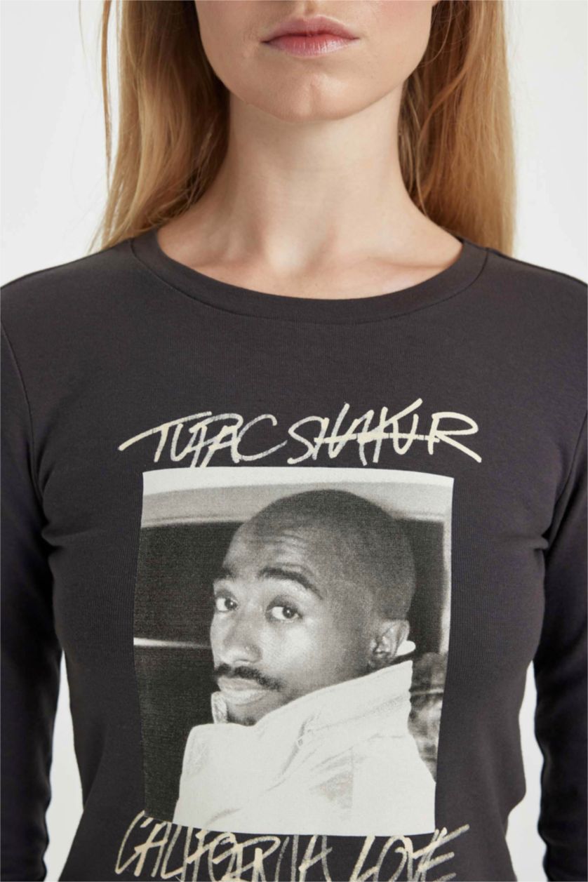 WOMAN Anthracite Tupac Shakur Fitted Crew Neck Ribbed T-Shirt