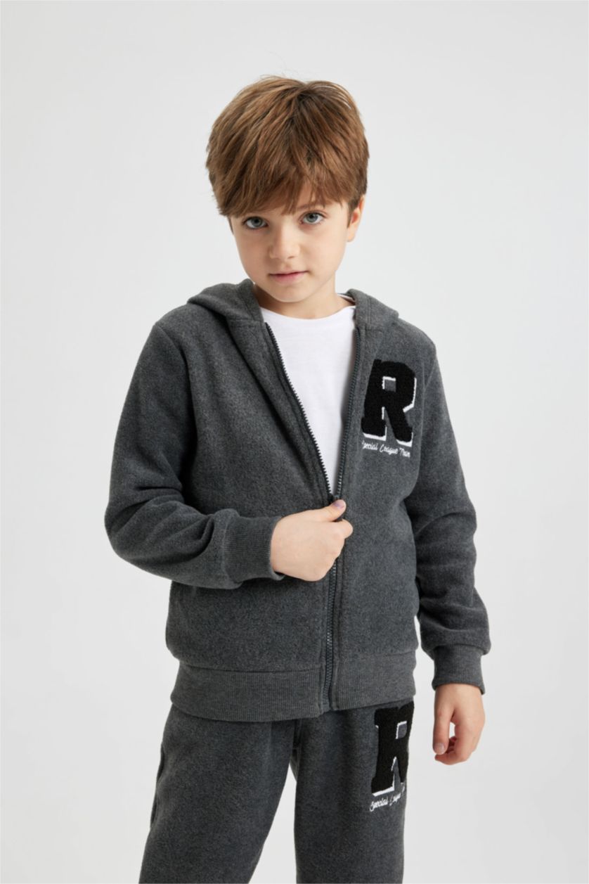 Erkek Çocuk - Genç Erkek Antrasit Melanj Erkek Çocuk Kapüşonlu Polar Fermuarlı Sweatshirt