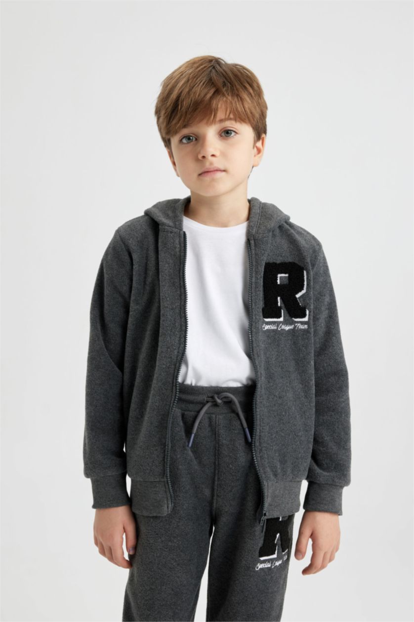 Erkek Çocuk - Genç Erkek Antrasit Melanj Erkek Çocuk Kapüşonlu Polar Fermuarlı Sweatshirt