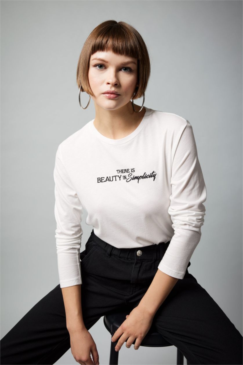 WOMAN Ecru Regular Fit Crew Neck Printed Long Sleeve T-Shirt