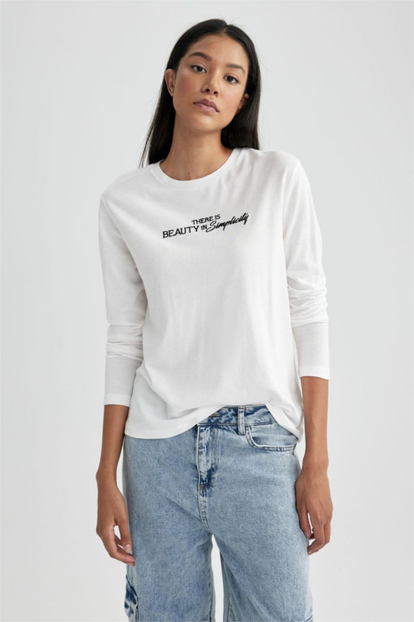 WOMAN Ecru Regular Fit Crew Neck Printed Long Sleeve T-Shirt