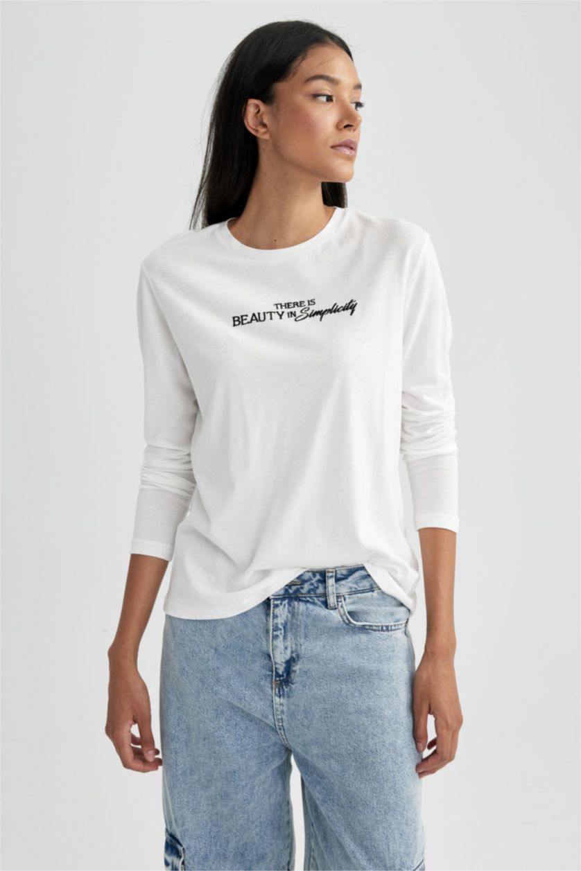 WOMAN Ecru Regular Fit Crew Neck Printed Long Sleeve T-Shirt