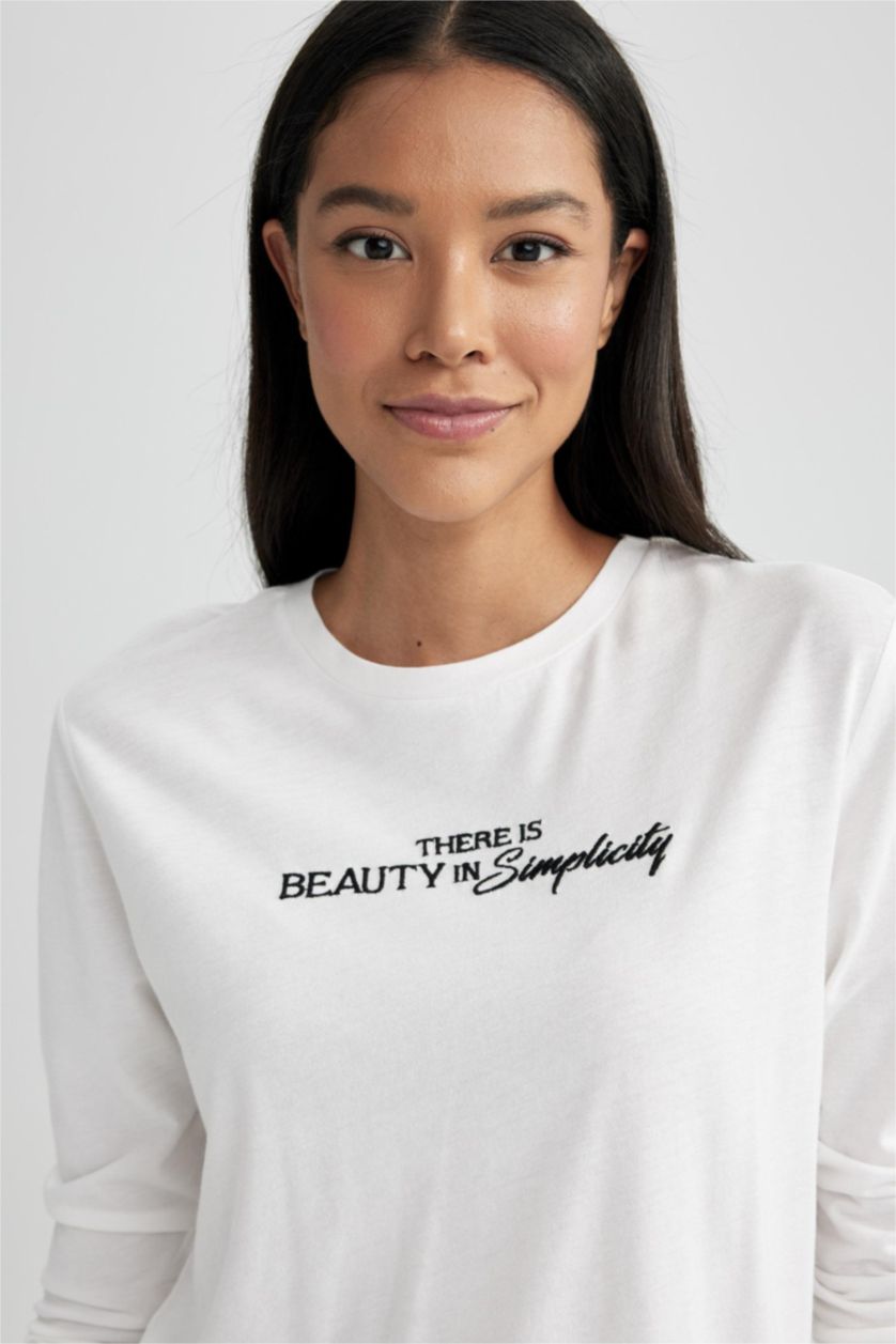 WOMAN Ecru Regular Fit Crew Neck Printed Long Sleeve T-Shirt