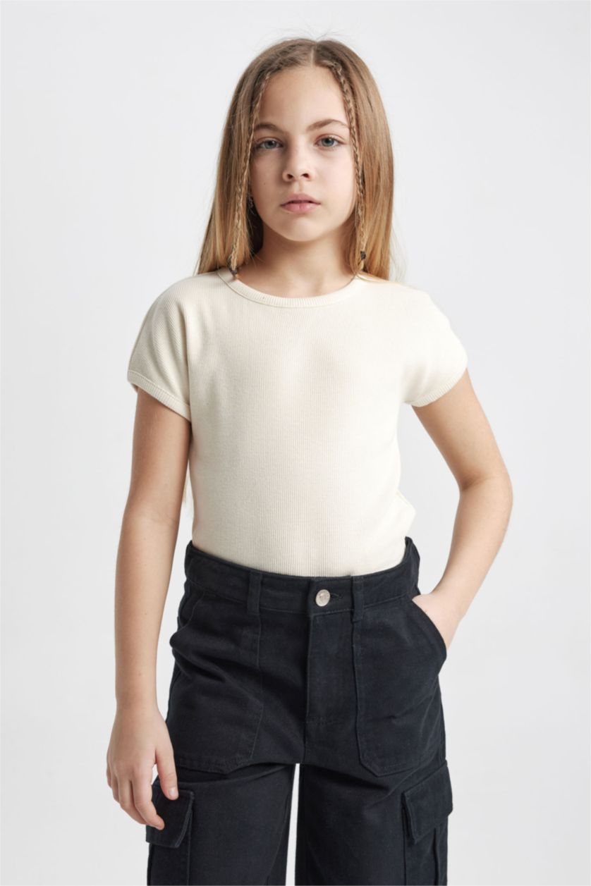 GIRLS & TEENS Ecru Girl Slim Fit Crew Neck Basic Ribbed Camisol T-Shirt