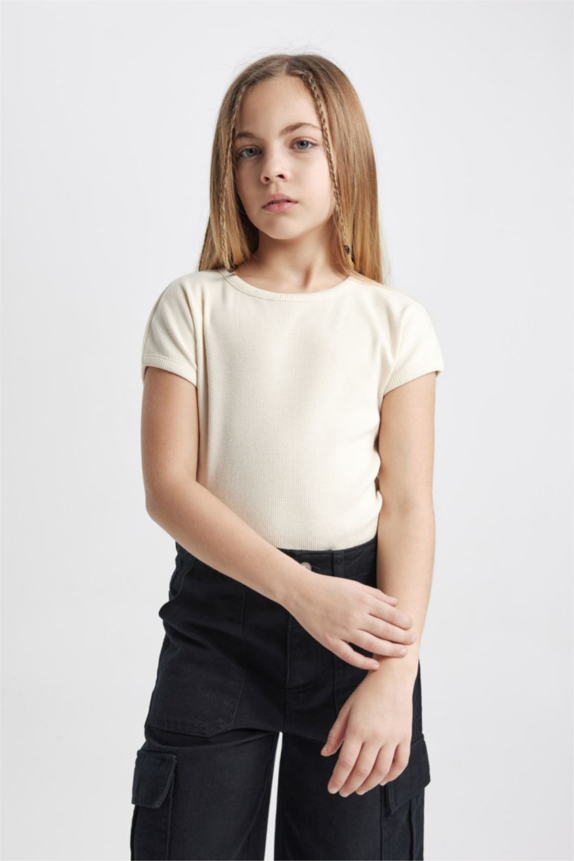 GIRLS & TEENS Ecru Girl Slim Fit Crew Neck Basic Ribbed Camisol T-Shirt