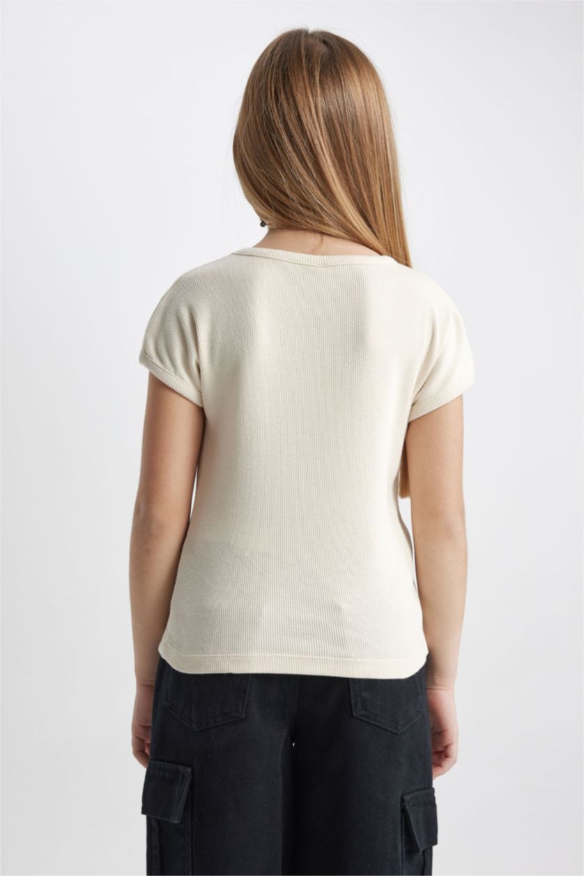 GIRLS & TEENS Ecru Girl Slim Fit Crew Neck Basic Ribbed Camisol T-Shirt