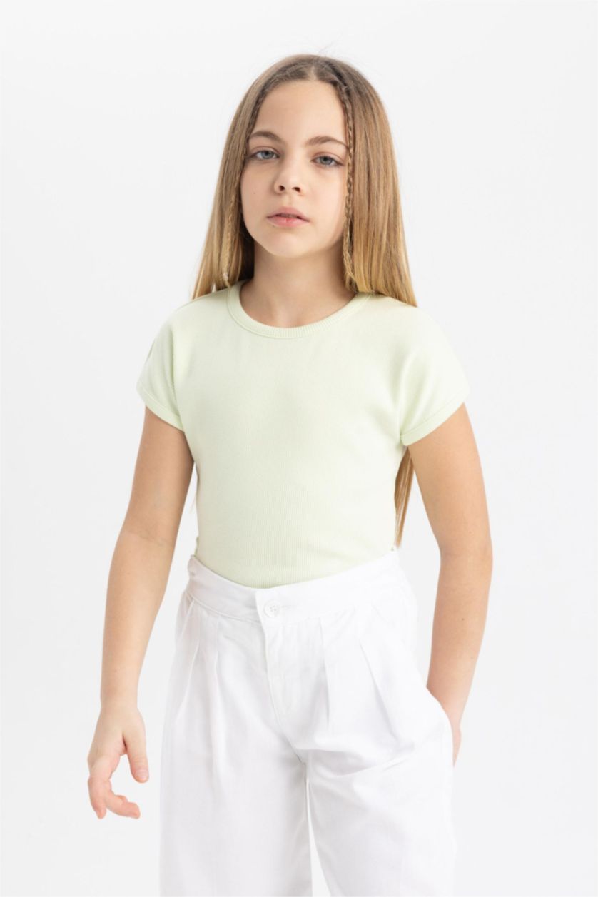 Kız Çocuk - Genç Kız Mint Slim Fit Dar Kesim Bisiklet Yaka Basic Düz Fitilli Kaşkorse Kısa Kollu Tişört Kız Çocuk