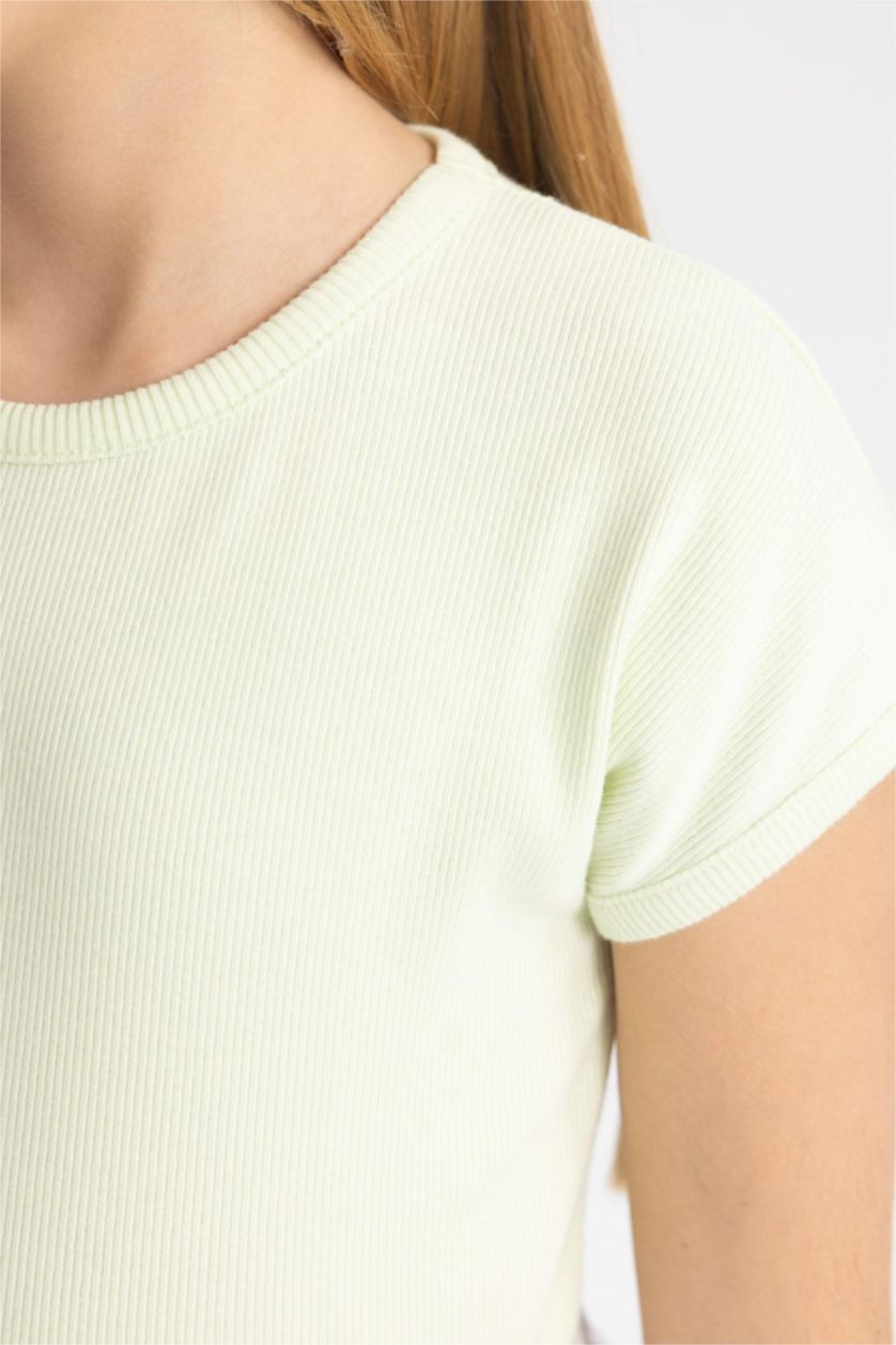 Kız Çocuk - Genç Kız Mint Slim Fit Dar Kesim Bisiklet Yaka Basic Düz Fitilli Kaşkorse Kısa Kollu Tişört Kız Çocuk