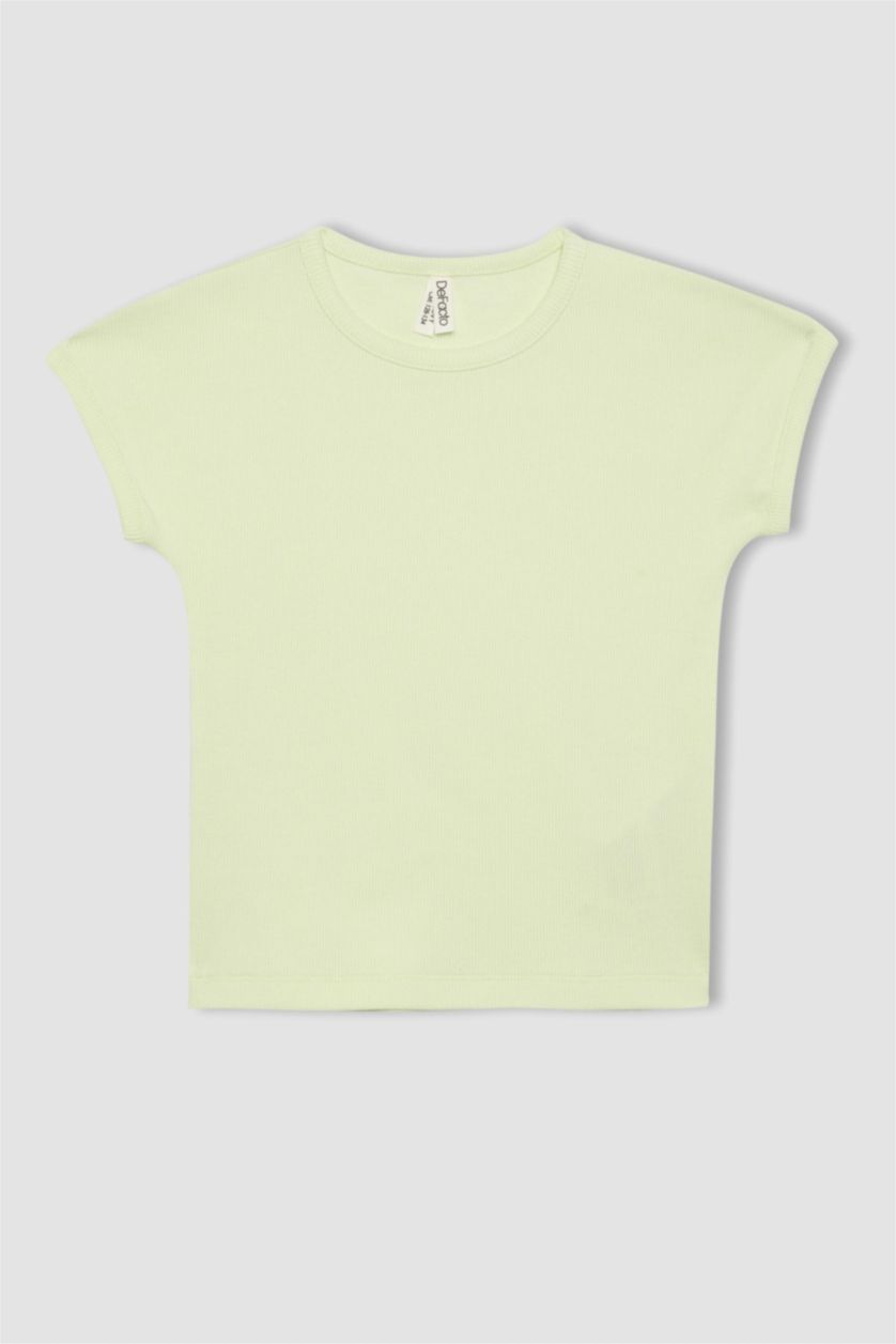 Kız Çocuk - Genç Kız Mint Slim Fit Dar Kesim Bisiklet Yaka Basic Düz Fitilli Kaşkorse Kısa Kollu Tişört Kız Çocuk